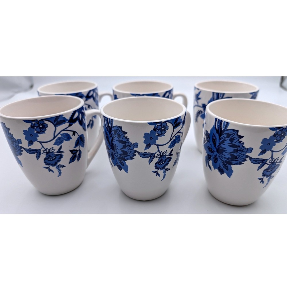 Royal Norfolk Blue White Floral Stoneware Mugs Set of 6 Coffee Cups Ceramic